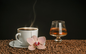 A fragrant cup of coffee on the table with a glass of whiskey, coffee beans and an orchid flower