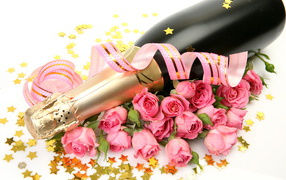 Bottle of champagne with pink roses on a white background with a pink ribbon