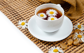 Large white cup with chamomile flowers
