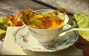 Tea in a beautiful cup with autumn leaves