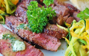 Sliced appetizing piece of meat with salad and parsley greens