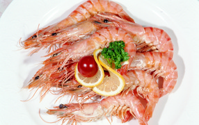 Креветки с лимоном и помидором на белой тарелке