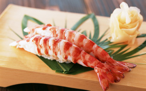 Two large boiled shrimps on the table