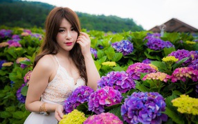 Beautiful asian girl with flowers hydrangea