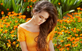 Красивая девушка у цветов календулы