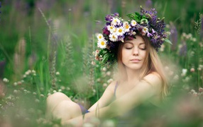 Красивая девушка с венком из полевых цветов на голове летом 