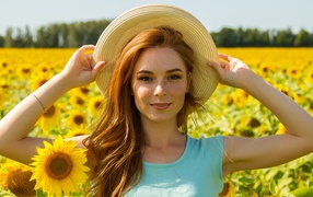 Красивая рыжеволосая девушка в шляпе на поле с подсолнухами 