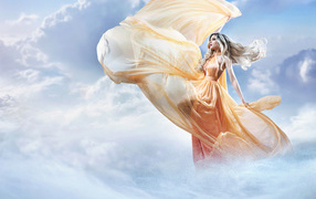 Блондинка в красивом платье на облаке