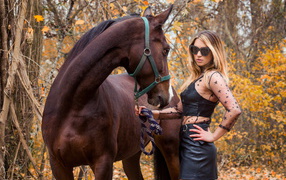 Stylish girl in black dress with a horse