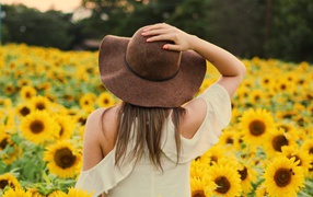Молодая девушка в большой шляпе на поле с подсолнухами 