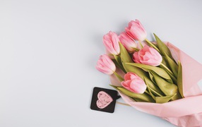 A bouquet of pink tulips on a gray background, a template for postcards for March 8