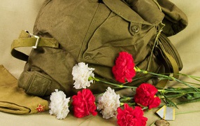 Backpack, bouquet of carnations and order for May 9