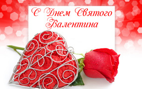 Красная роза и большое красное сердце на День Святого Валентина