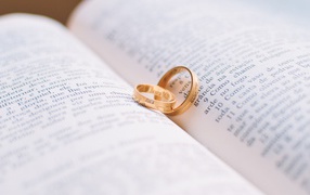 Two wedding rings lie on an open book