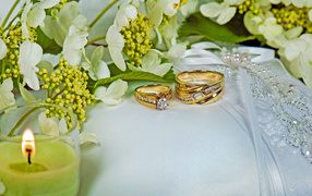 Two wedding rings on a pillow trimmed with flowers