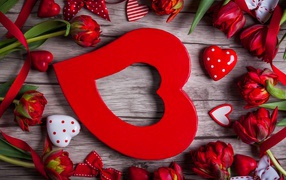 Большое красное сердце с красными тюльпанами