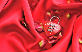 Coded lock in the shape of heart on a red background with rose petals