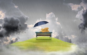 Влюбленные плюшевые мишки на лавке под дождем