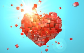 Heart of red cubes on a blue background