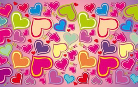 Много разноцветных сердечек на розовом фоне