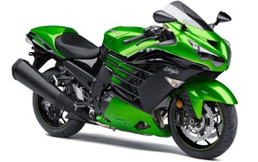 Зеленый мотоцикл Kawasaki Ninja ZX-14R на белом фоне