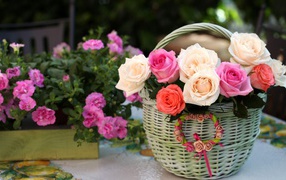Букет нежных роз в корзине на столе с цветами