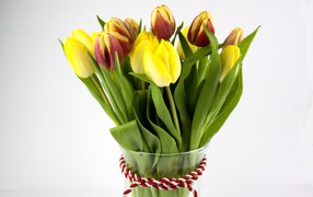 Букет желтых и красно-желтых тюльпанов на сером фоне