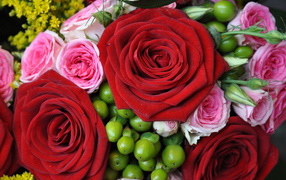 Букет из крупных красных роз с розовыми 