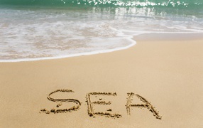 Надпись на песке у моря летом