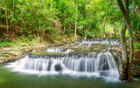 Быстрый лесной маленький водопад 