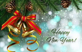 Веселые колокольчики на еловой ветки с надпись на Новый год 