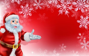 Санта Клаус на красном фоне с белыми снежинками, фон для новогодней открытки