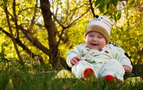 Смеющийся грудной ребенок сидит на траве