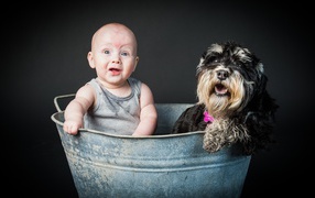 A little boy is sitting with a dog in a trough