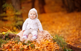 A small child sits on the foliage in autumn  