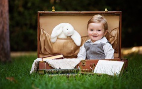 Улыбающийся мальчик сидит в чемодане с книгами