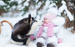 Breastfeed with a husky dog in the snow