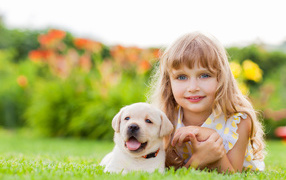 Cute little girl with a golden retriever puppy lying on green grass
