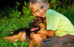 Маленький мальчик обнимает щенка немецкой овчарки