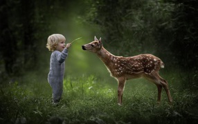 Маленький мальчик с оленем в лесу