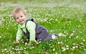 Маленький веселый мальчик на поляне с белыми цветами