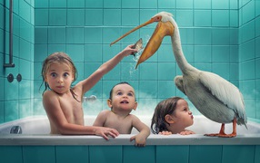 Маленькие дети сидят в ванной с пеликаном