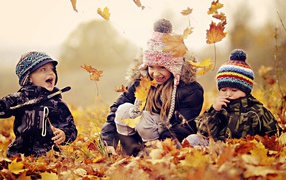 Маленькие дети играют на опавшей желтой листве осенью