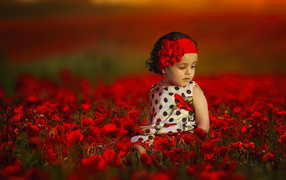 Little girl in a beautiful dress on a field with red poppies