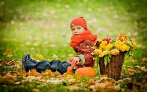 Маленькая девочка сидит на траве с корзиной цветов осенью