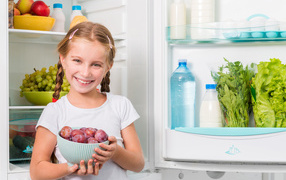 Маленькая девочка с миской со сливами в руках у холодильника 