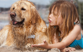 Маленькая девочка с мокрой собакой на песке