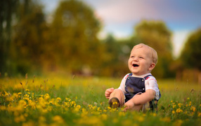 Little laughing boy sitting on the grass with yellow flowers