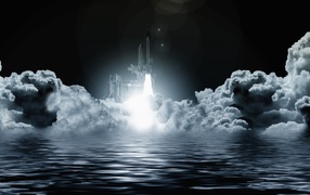Старт ракеты в облаках на фоне воды 