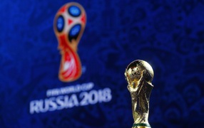 Cup of the World Cup in Russia in 2018 on a blue background